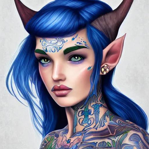 Prompt: digital art portrait of beautiful d&d fantasy elf, dark blue hair, jewelry, tattoos, epic