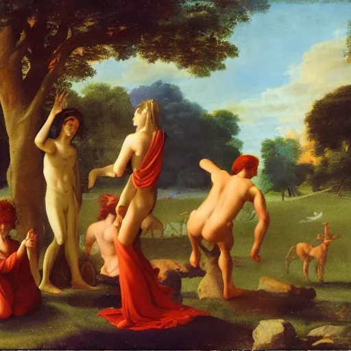 Image similar to ethereal landscape, elves, fauns, musicians, claude poussin