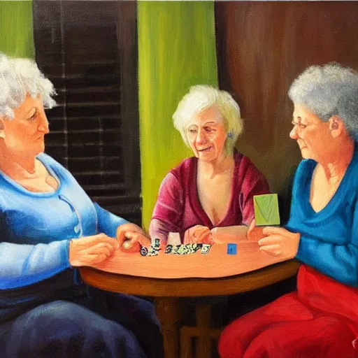 Image similar to 2 old ladies and a woman playing cards in a commieblock apartment, still life painting, oil painting