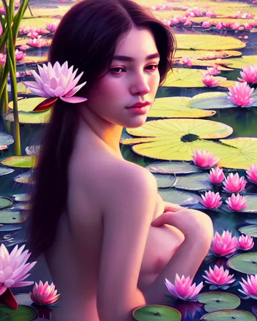 Image similar to stylized portrait of an artistic pose, composition, young lady sorrounded by nature, water lilies, flowers, realistic shaded, fine details, realistic shaded lighting poster by ilya kuvshinov, magali villeneuve, artgerm, jeremy lipkin and michael garmash and rob rey
