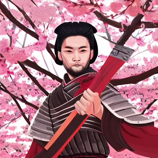 Image similar to A samurai warrior in cherry blossoms, wide angle, symmetrical, digital painting, sharp focus, sword, intense stare, fantasy, character design, game art, artstation, pixiv, 3D, by Ekaterina Savic and Barret Frymire