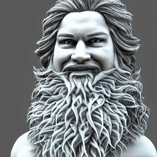 Prompt: a flawless, purely ice sculpture of a man with long hair, with trimmed beard, smiling widely. ice statue, extremely detailed, award-winning art, trending on Artstation