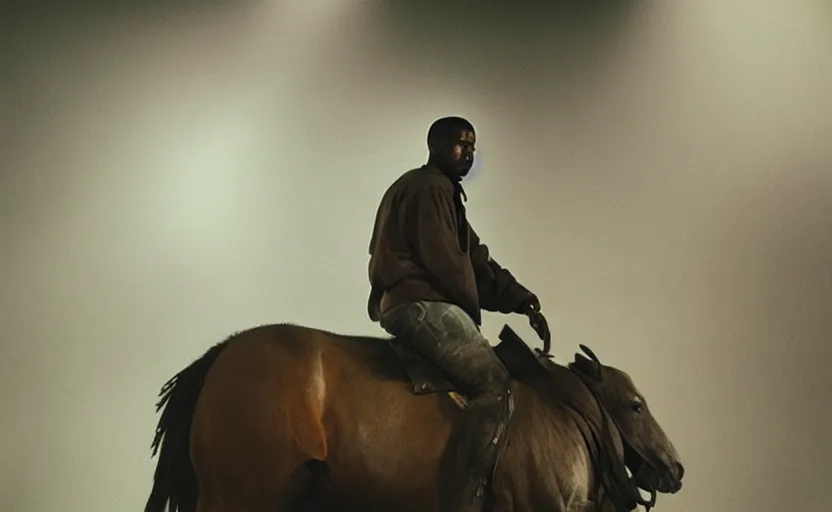 Image similar to found footage of kanye west riding a horse to heaven, in liminal space, cyberpunk, film grain, dark lighting, realistic, photgraph, silent hill style, detailed cinematic lighting