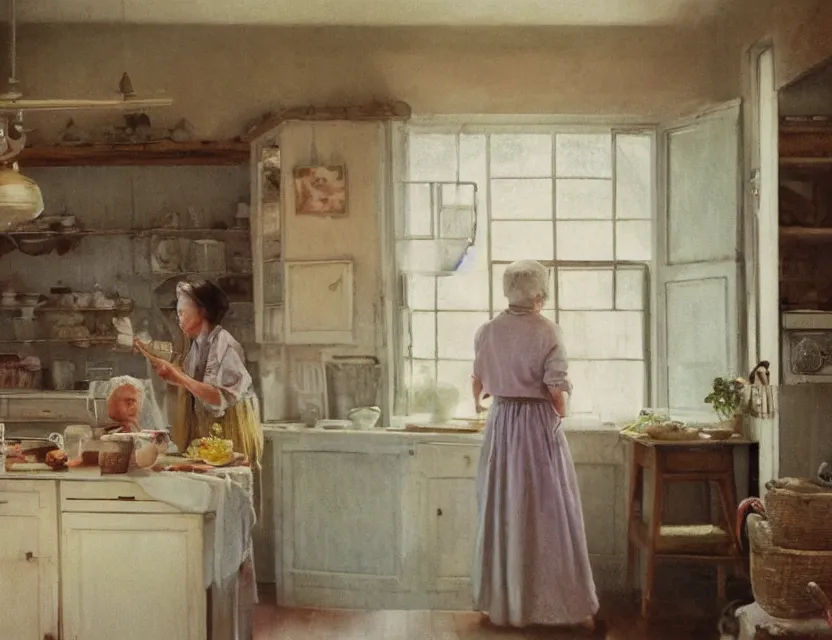 Image similar to grandmother cooking in a kitchen in country house, back view, cottage core, cinematic focus, polaroid photo bleached vintage pastel colors high - key lighting, soft lights, foggy, by steve hanks, by lisa yuskavage, by serov valentin, by tarkovsky, 8 k render, detailed, oil on canvas