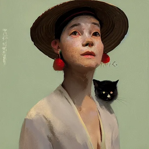 Image similar to A portrait of a cat wearing a small vietnamese straw hat, artwork by Sergey Kolesov