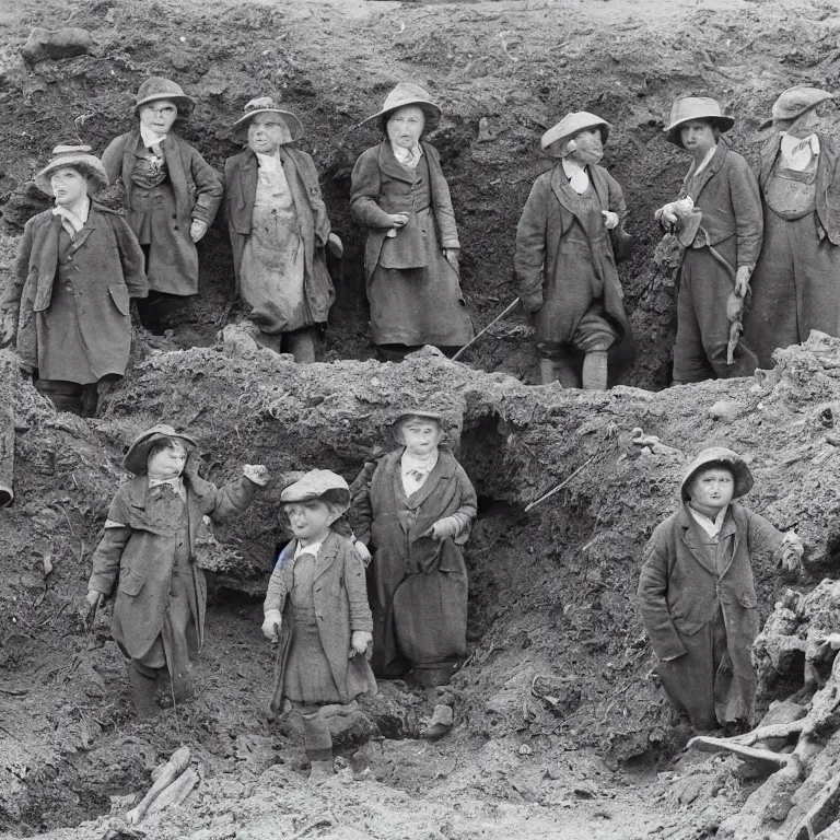 Prompt: human archaeologists with badger's faces in the style of beatrix potter, in 1940s suits digging at the sutton hoo ship burial, rendered as a black & white photo