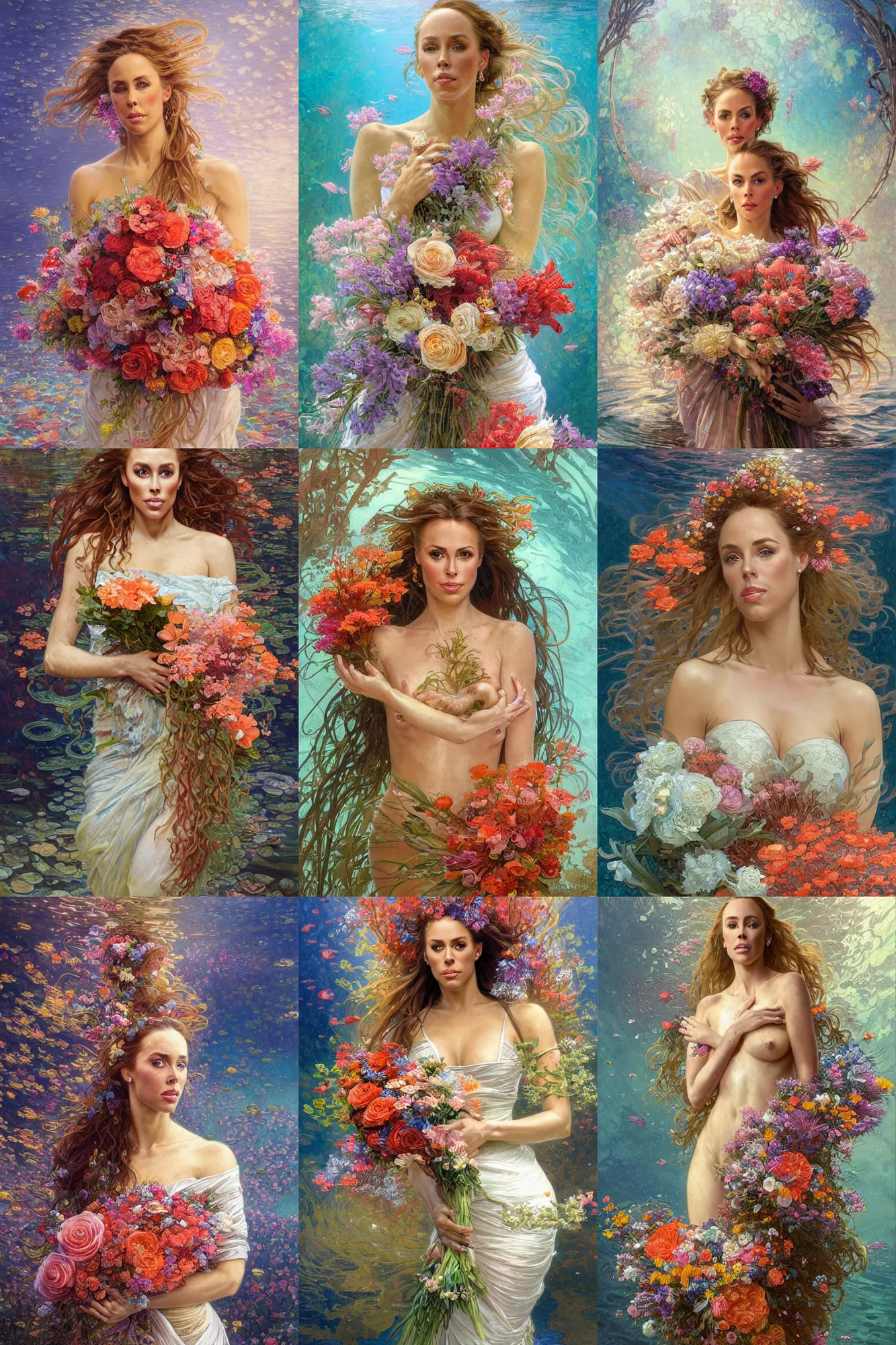 Prompt: portrait of a beautiful nicole aniston holding a bouquet of flowing flowers, hands hidden under the bouquet, submerged underwater filled with coral reef, fantasy, regal, intricate, by stanley artgerm lau, greg rutkowski, thomas kindkade, alphonse mucha, loish, norman rockwell