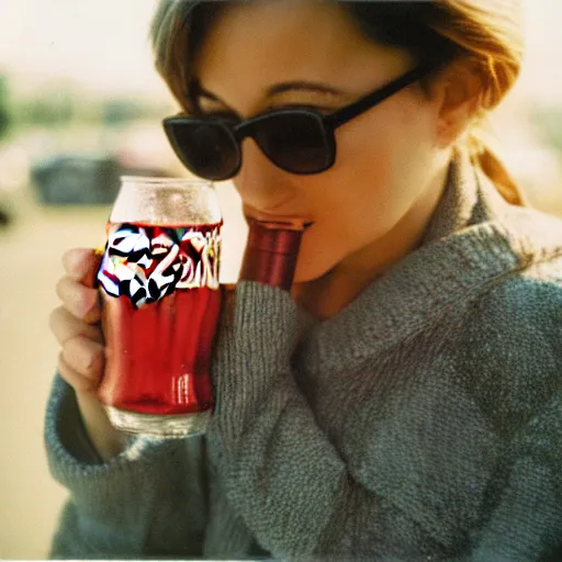 Prompt: an analog photo a 23 year old woman drinking a coca-cola, kodak portra 400