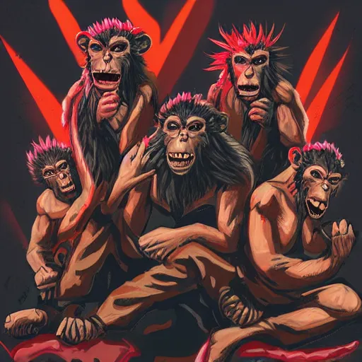 Image similar to rage against the machine band characters in style of primal apes, digital painting, artstation, 8 k,