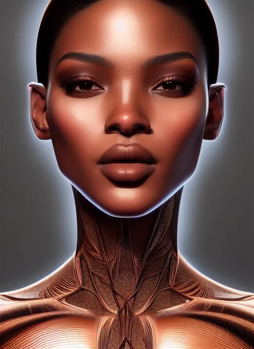 Prompt: portrait of modern model, intricate, sharp focus, octane render, brown skin, so real, detailed, beautiful, unreal engine, symmetrical!!, maybelline, sephora, loreal, artstation, art by artgerm, rossdraws, art by karol bak, makeup by pat mcgrath, cinematic, concept art, filmic, vsco