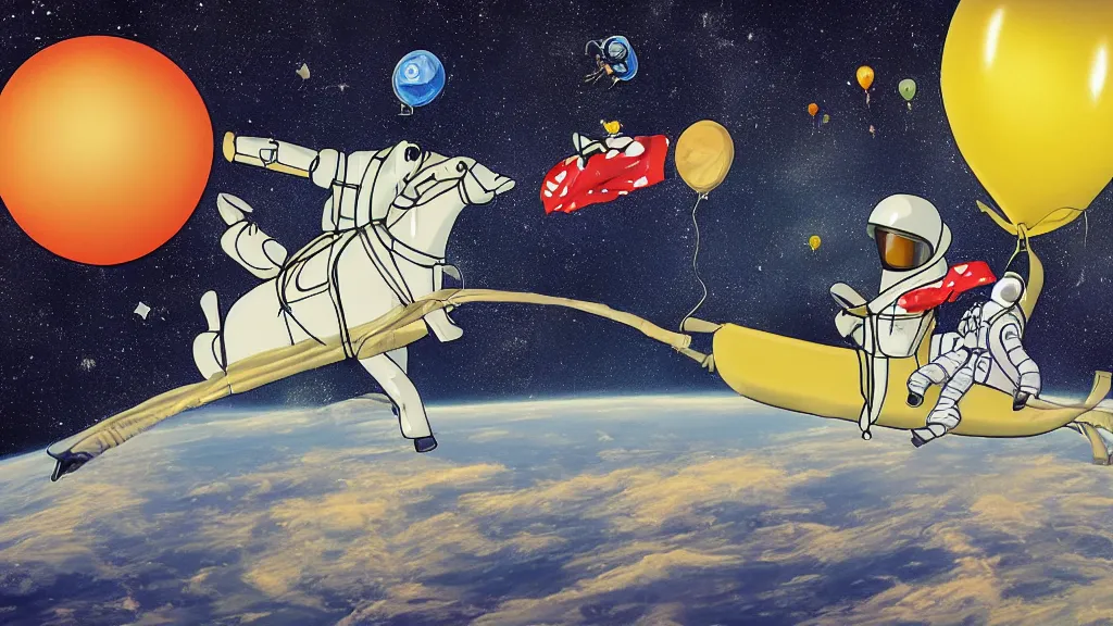 Prompt: a horse riding an astronaut, an horseis a balloon, art by simpsons