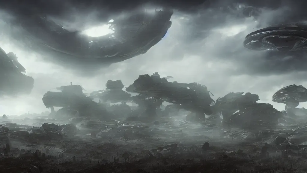 Image similar to an epic battle between two alien civilizations over a destroyed earth, scifi post apocalyptic scene with volumetric fog, cinematic lighting