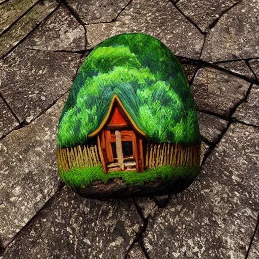 Image similar to small treetop village stone, vivid photorealistic