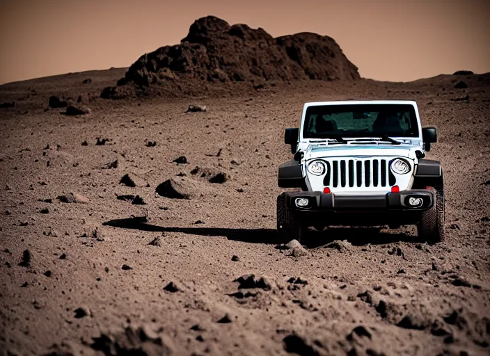Prompt: Jeep driving across the moon, Professional Photography, Off-roading, Lunar landscape, dirt, cinematic color, photorealistic, highly detailed wheels, highly detailed, sharp, stunning, dynamic