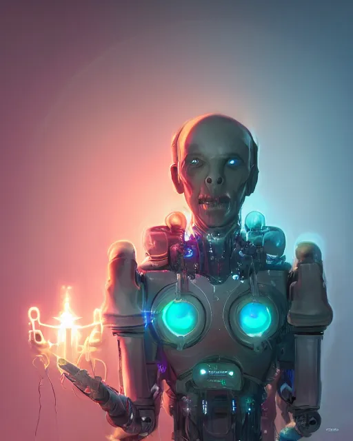 Prompt: benevolent android necromancer, aura of light, friendly, artificial intelligence, scifi, futuristic, highly detailed, trending on artstation, advanced technology, art by vitaly bulgarov and nivanh chanthara and lance wilkinson