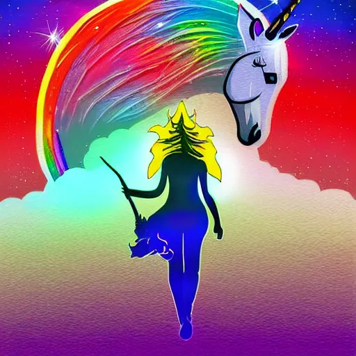Image similar to a unicorn with fairy wings walking on the moon, colorful digital art