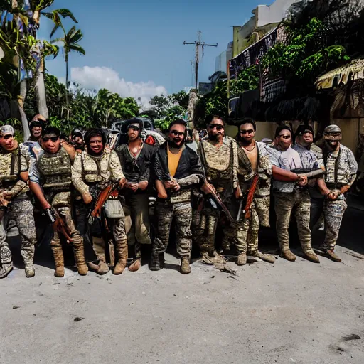 Image similar to heavily armed battalion of thirty drug cartel members, shoulder - to - shoulder, with fully decked - out equipment, long shot photography, harsh overhead sunlight, midday, summer, high - key lighting