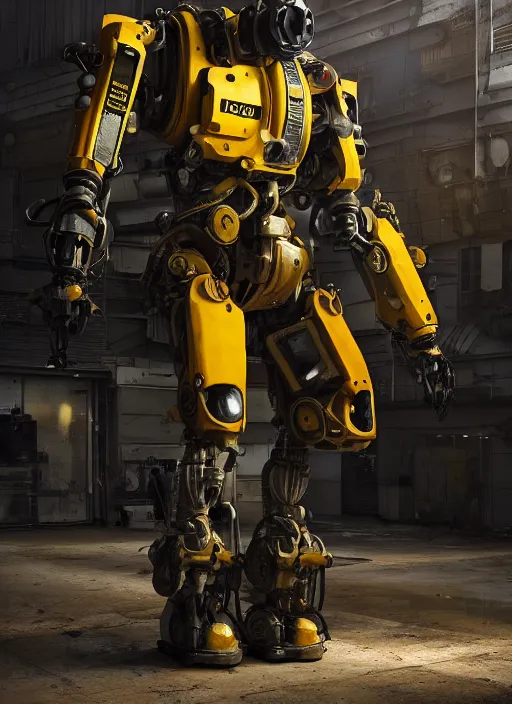 Image similar to a photorealistic dramatic hyperrealistic render of a futuristic exosuit power loader heavy machinery, ultra realistic details, glossy yellow, well worn, rust, oil stains by vitaly bulgarov and mike nash, beautiful dramatic dark moody tones and lighting, cinematic atmosphere, studio lighting, global illumination, shadows, dark background, octane render, 8 k