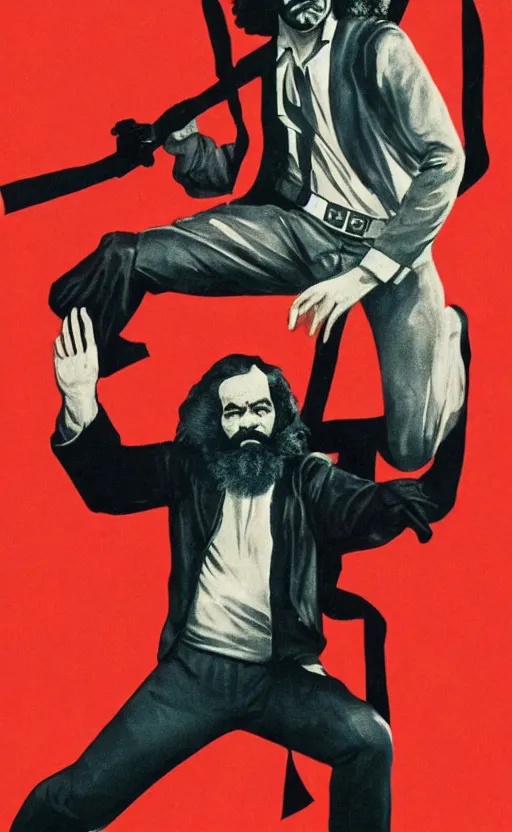 Image similar to full 70s action movie poster with Karl Marx in kung fu pose, movie still 4k, grainy picture cinematic dramatic light