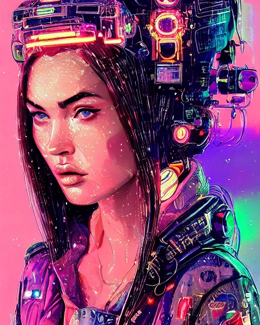 Prompt: detailed Megan Fox portrait Neon Operator Girl, cyberpunk futuristic neon, reflective puffy coat, decorated with traditional Japanese ornaments by Ismail inceoglu dragan bibin hans thoma !dream detailed portrait Neon Operator Girl, cyberpunk futuristic neon, reflective puffy coat, decorated with traditional Japanese ornaments by Ismail inceoglu dragan bibin hans thoma greg rutkowski Alexandros Pyromallis Nekro Rene Maritte Illustrated, Perfect face, fine details, realistic shaded, fine-face, pretty face