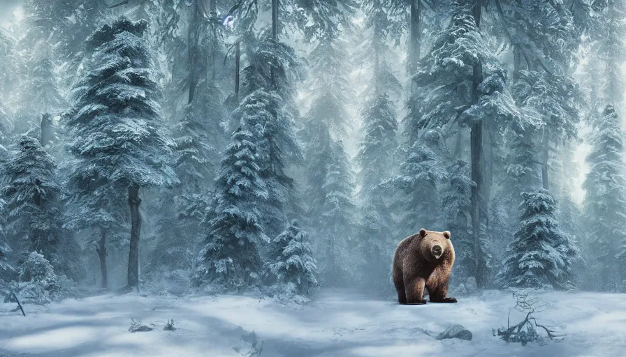 Prompt: giant bear in a snowy forest, game map matte painting, hyperdetailed, artstation, cgsociety, 8 k