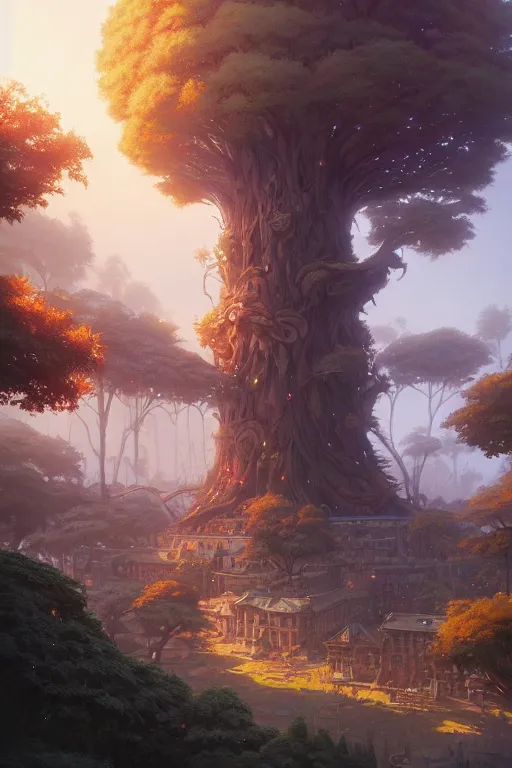 Image similar to a city built on a giant tree, unreal engine, fantasy art by greg rutkowski, loish, rhads, ferdinand knab, makoto shinkai and lois van baarle, ilya kuvshinov, rossdraws, tom bagshaw, global illumination, radiant light, detailed and intricate environment