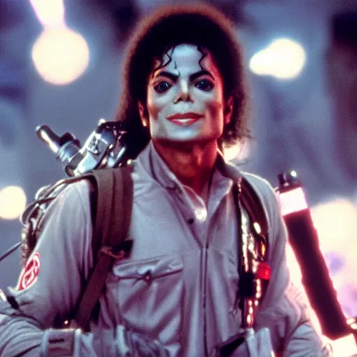 Image similar to stunning awe inspiring michael jackson with a highly detailed face as a ghostbuster in the movie ghostbusters, movie still 8 k hdr atmospheric lighting