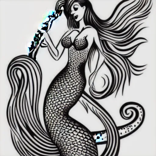 Image similar to american traditional tattoo art of a mermaid playing the saxophone, line art, sheet paper