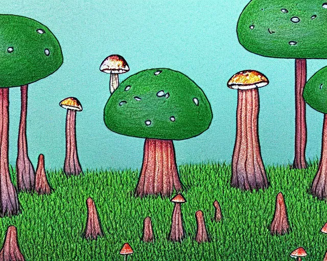 Image similar to forest with tall mushrooms, small house is in the center, detailed drawing