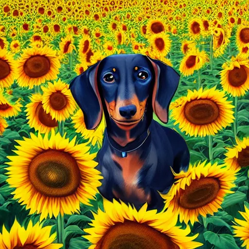 Image similar to portrait of a cute dachshund, in a field of sunflowers, rich vivid colors, ambient lighting, dynamic lighting, 4k, official media, anime key visual, makoto shinkai, ilya kuvshinov, lois van baarle, rossdraws, detailed, trending on artstation