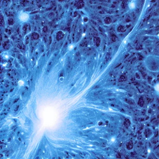 Image similar to a microphotograph of cosmic universe cells. In a swirl of organic plasma and blue mixtures