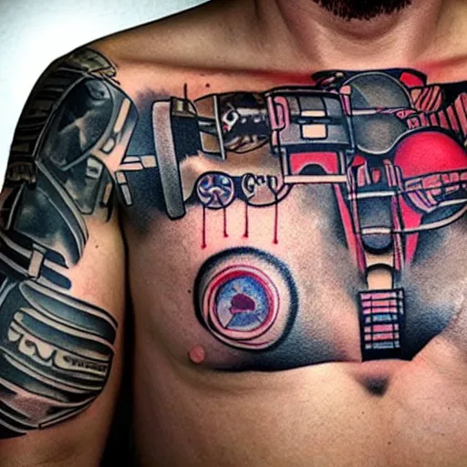 Prompt: chest tattoo of a hole in the skin with a robot mechanic inside under the skin
