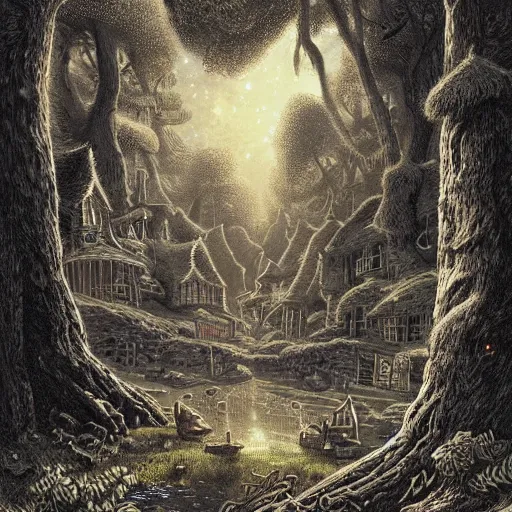 Prompt: 19th century wood-engraving , whole page illustration , art in the style of greg rutkowski and thomas kinkade and Larry Elmore, a tiny village , carved into the side of a tree, inhabited by elves and faeries, the outside lights are bioluminescent mushrooms and fungi intricately detailed