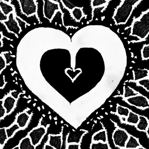 Image similar to black and white drawing of a heart covered with thorns, very contrasted