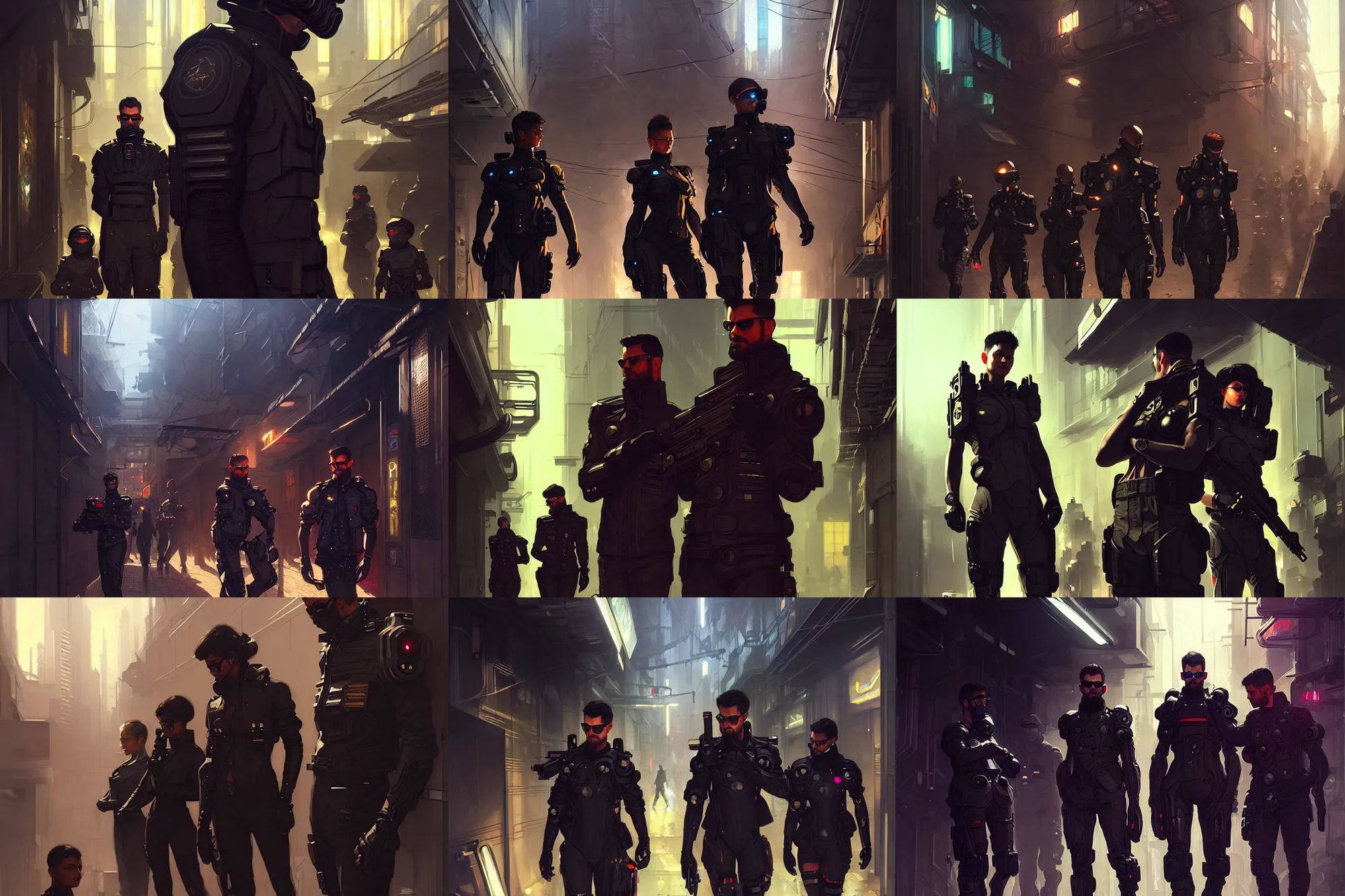Prompt: young soldiers wearing deus ex human revolution clothing in a cyberpunk alley, portrait, elegant, intricate, digital painting, artstation, concept art, smooth, sharp focus, illustration, art by artgerm and greg rutkowski and alphonse mucha