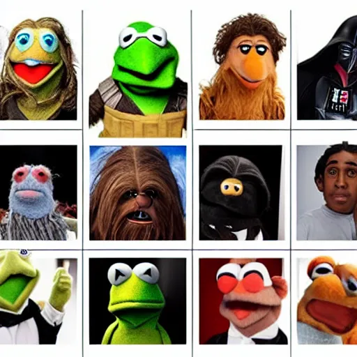 Prompt: the cast of star wars but with the muppets