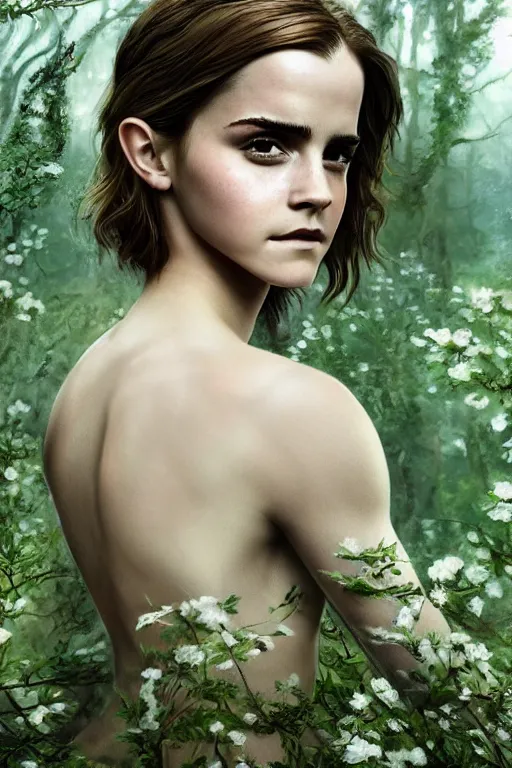 Prompt: Emma Watson as a beautiful forest nymph, oil on canvas, intricate, portrait, 8k highly professionally detailed, HDR, CGsociety