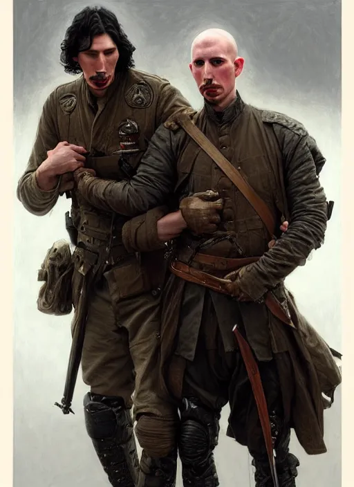 Prompt: portrait of adam driver helping a wounded john oliver, standing together, stoic, full body, military uniform, battle, war, fantasy, intricate, elegant, beautiful, highly detailed, charcoal, centered, dark, smokey, digital painting, artstation, art by artgerm, art by greg rutkowski, art by alphonse mucha