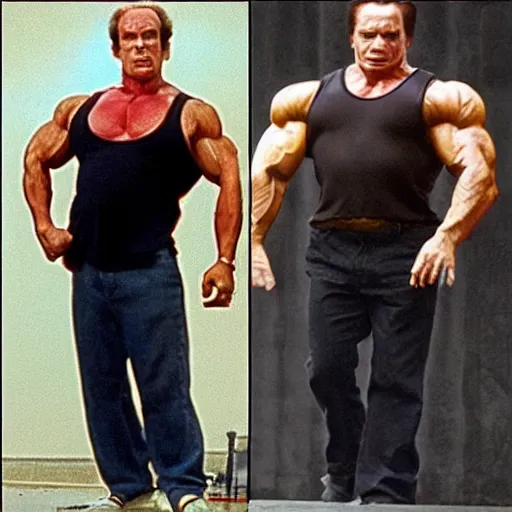 Image similar to what if danny de vito had arnold schwarzenegger's body, photo, flexing, realistic, detailed