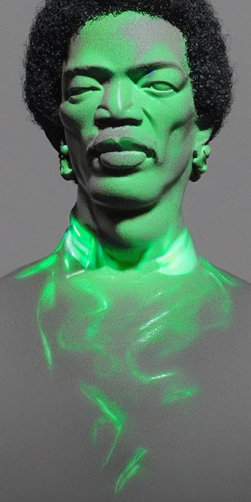 Image similar to detailed photo of a jade translucent statue of jimi hendrix, full body portrait, glowing in the dark, photorealism, intricate detail, museum diffuse lighting