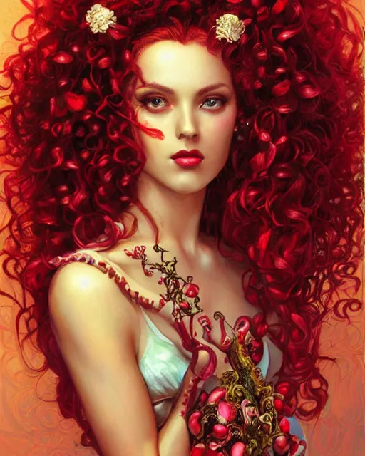 Image similar to portrait of glamor greek persephone | pomegranate | curly hair | orchard background | highly detailed | very intricate | professional model | cinematic lighting | painted by donato giancola and mandy jurgens and charlie bowater | bold colors, artdeco, art deco outrun anime aesthestic, 8 0's nostalgia | featured on artstation