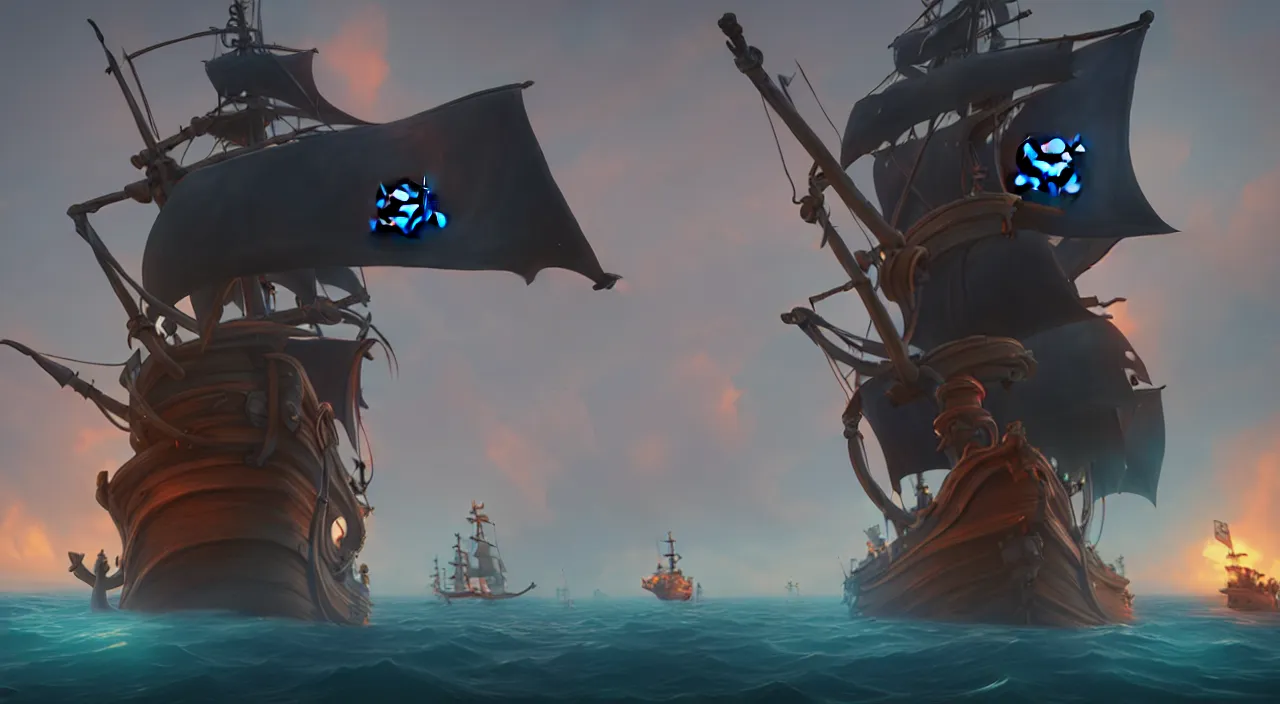 Image similar to a wide shot of a stylized 3D CGI game art pirate standing on the front of the ghost ship with the black Jolly Roger flag, the ghost ship is in the middle of the ocean, volumetric lighting, fantasy art overwatch and heartstone, by RHADS, cgsociety, matte painting, artstation hq, octane render, 8k,