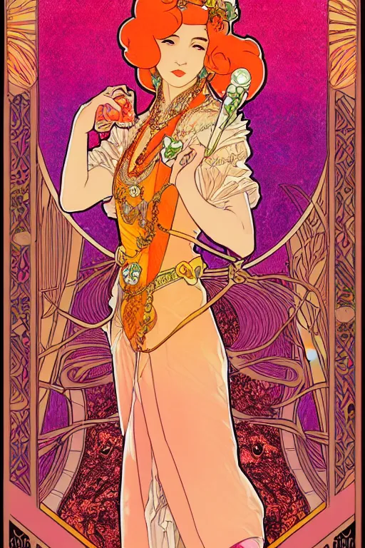 Prompt: full length portrait of princess peach art nouveau, tarot card by mucha, gaudy colors, sharp edges, octane render, intricate linework.