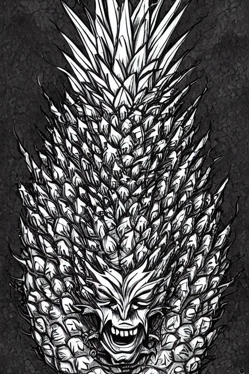 Image similar to pineapple humanoid figure monster wearing pineapple themed armour, symmetrical, highly detailed, digital art, sharp focus, trending on art station, kentaro miura manga art style