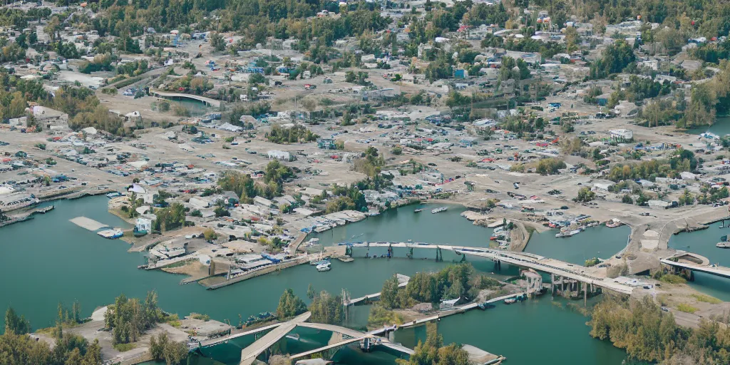 Prompt: bird's eye view of a small city, trailer park, a road, bridge, and inlet with docking area. town hall. photography