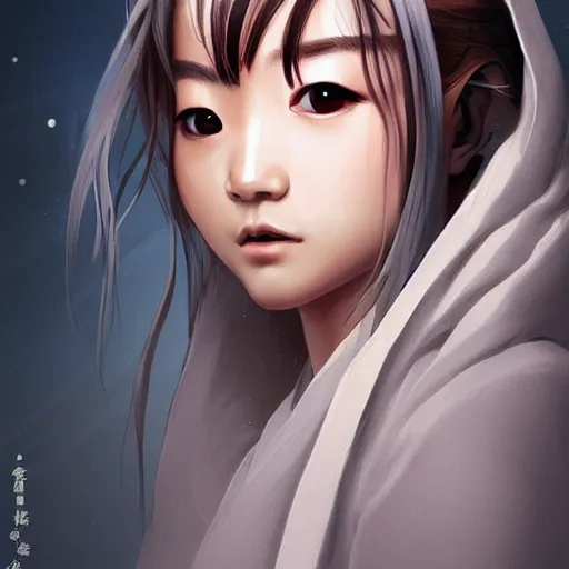 Image similar to korean female human, half wookie, jedi master, wearing the traditional jedi robe, beautiful and uniquely odd looking, detailed symmetrical close up portrait, intricate complexity, in the style of artgerm and ilya kuvshinov, magic the gathering, star wars art