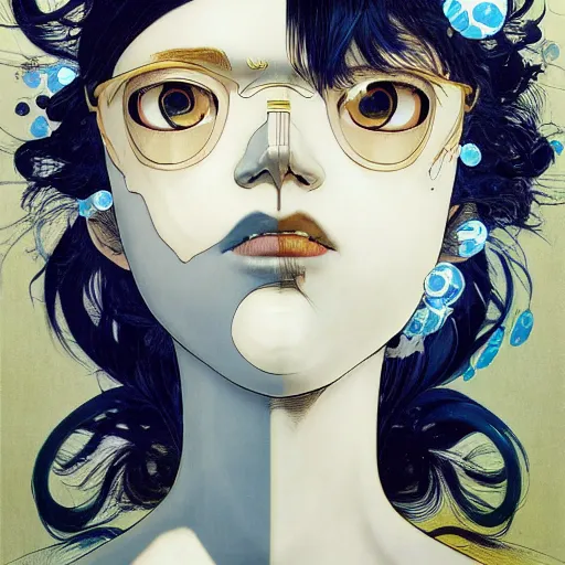 Image similar to prompt : ivory and blue and black portrait soft light painted by james jean and katsuhiro otomo and erik jones, inspired by evangeleon anime, smooth face feature, intricate oil painting, high detail illustration, sharp high detail, manga and anime 1 9 9 9