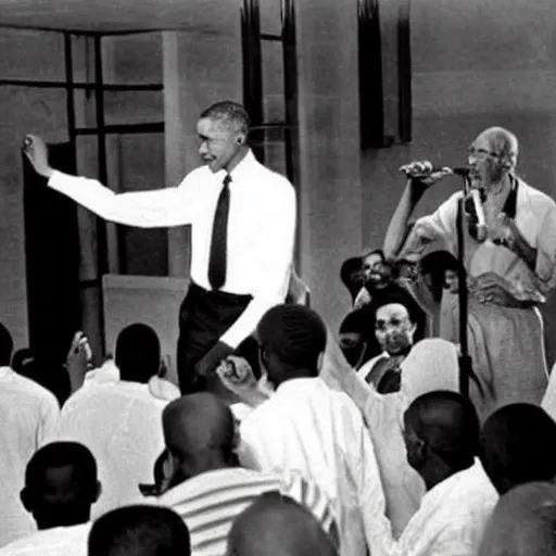 Image similar to Barack Obama having a rap battle against Ghandi, historical photo, 1962