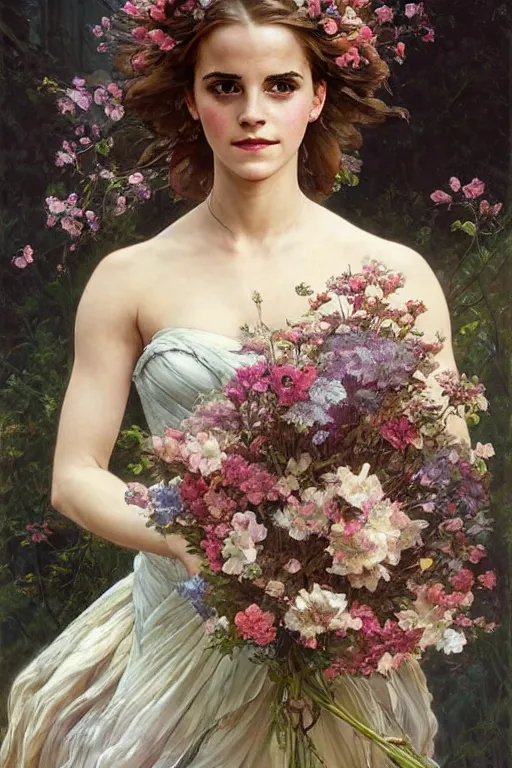 Prompt: portrait of emma watson as beautiful mysterious woman holding a bouquet of flowing flowers, hands hidden under the bouquet, fantasy, regal, intricate, by stanley artgerm lau, greg rutkowski, thomas kindkade, alphonse mucha, loish, norman rockwell