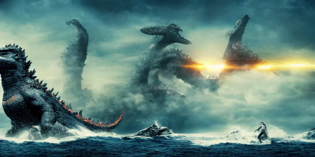Image similar to photo of godzilla blue whale octopus monster destroying a city in a block buster hollywood movie